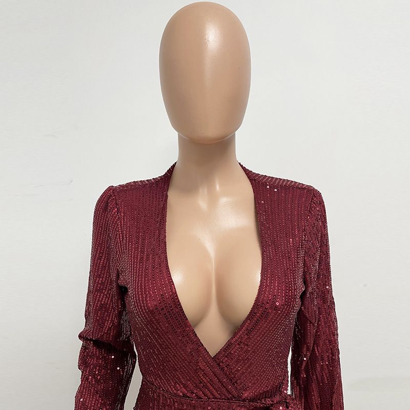 Damkläder Ins Style Deep V Mode Casual Jumpsuit Långärmat Bälte Paljett Jumpsuit Dam_voghion.com