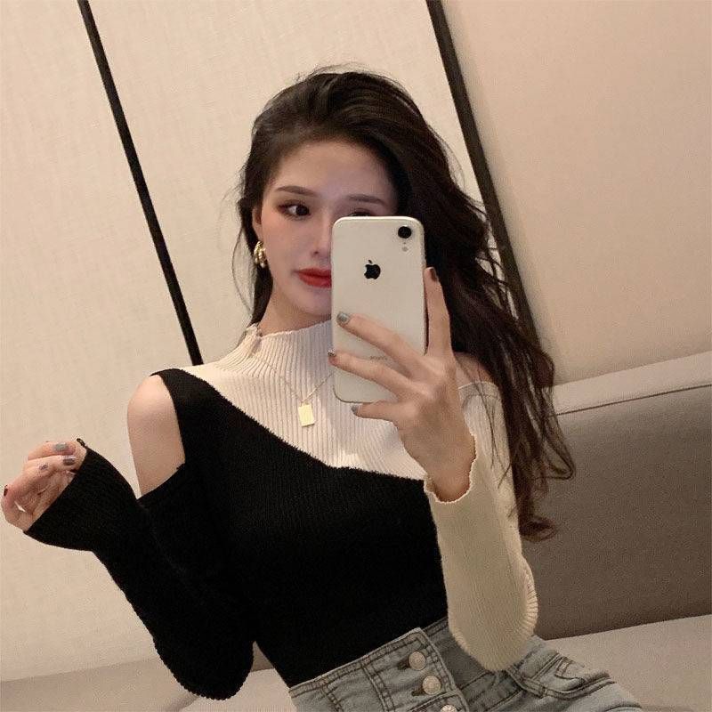 ragazza 2025 primavera e autunno nuovo maglione lavorato a maglia a collo alto a maniche lunghe con spalle scoperte color-block vestibilità slim base corta_voghion.com