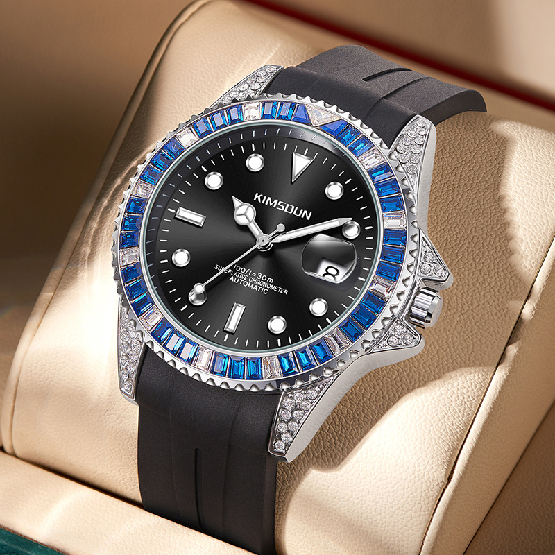 Neue diamantbesetzte schwarze Wassergeist-Uhr von Jinshidun, vollautomatische mechanische Uhr mit Band, modisch leuchtende wasserdichte Herrenuhr für Männer_voghion.com