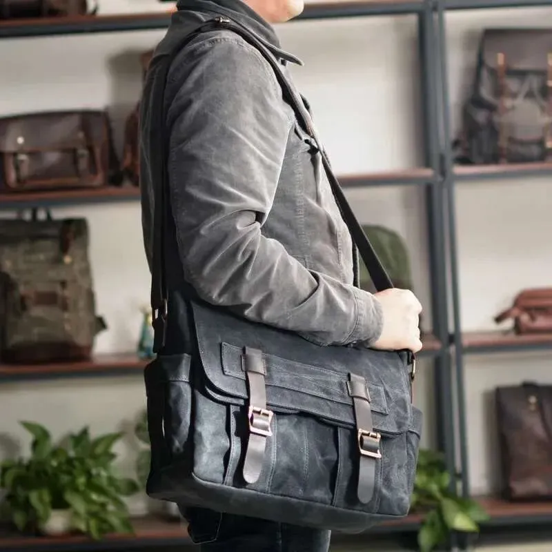 Borsa a tracolla in tela cerata da uomo - Borsa per laptop in pelle vintage da uomo_voghion.com