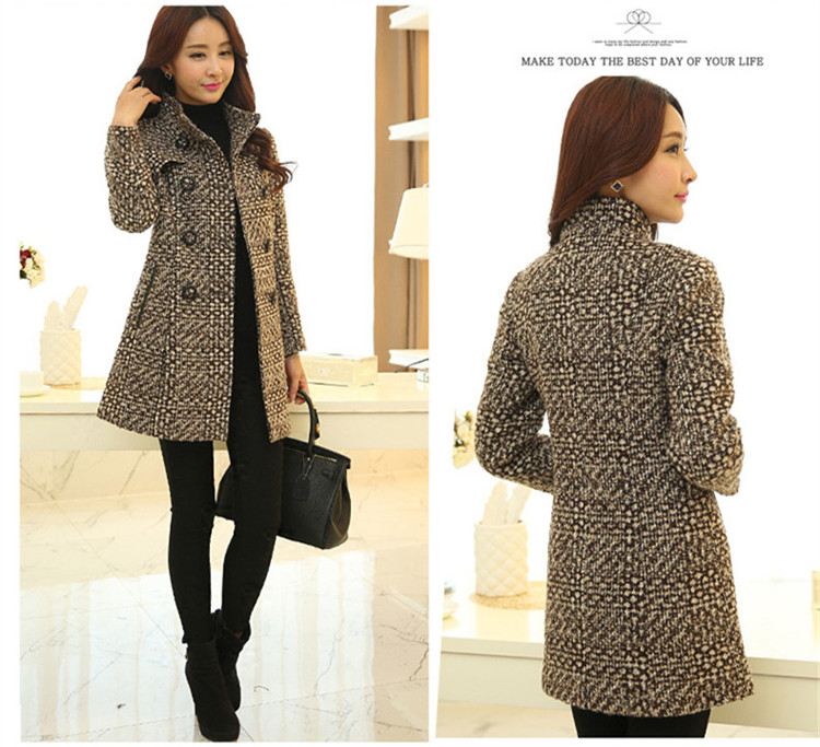 Nuevo abrigo de mezcla de lana para mujer, moda Otoño 2022, elegante abrigo de lana de Tweed largo ajustado a cuadros con cuello alto para madre_voghion.com