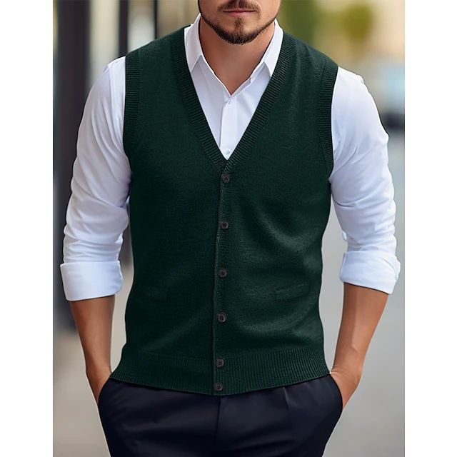 Herrenweste im Slim Fit aus Wollmischung, lässige ärmellose Strickjacke für alle Jahreszeiten, zweireihige Weste mit V-Ausschnitt in Unifarben_voghion.com