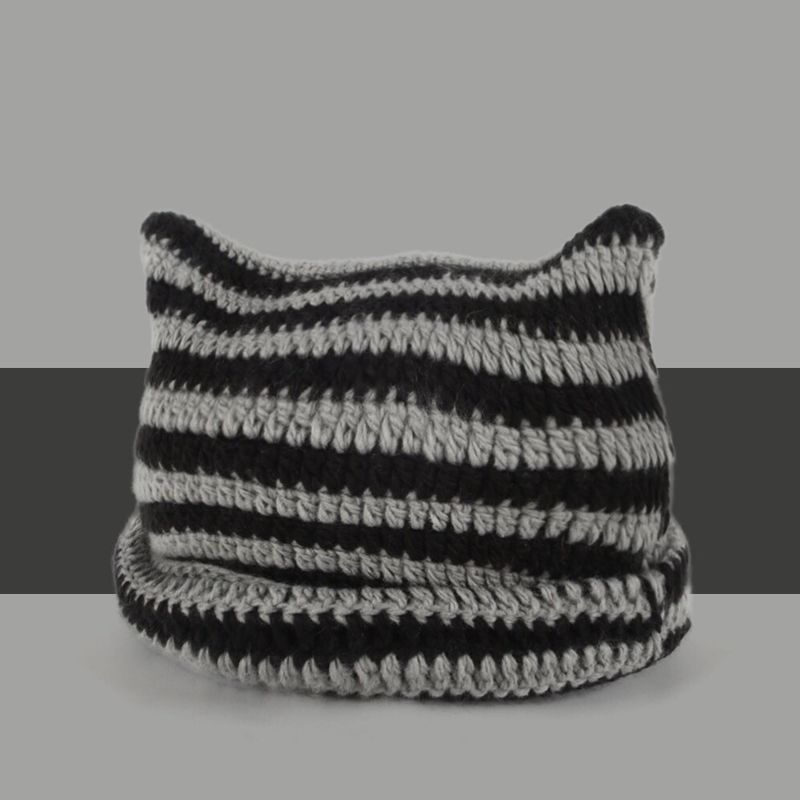 Cappello invernale lavorato a maglia caldo con orecchie di gatto a righe fatto a mano da donna, stile piccolo diavolo autunnale_voghion.com