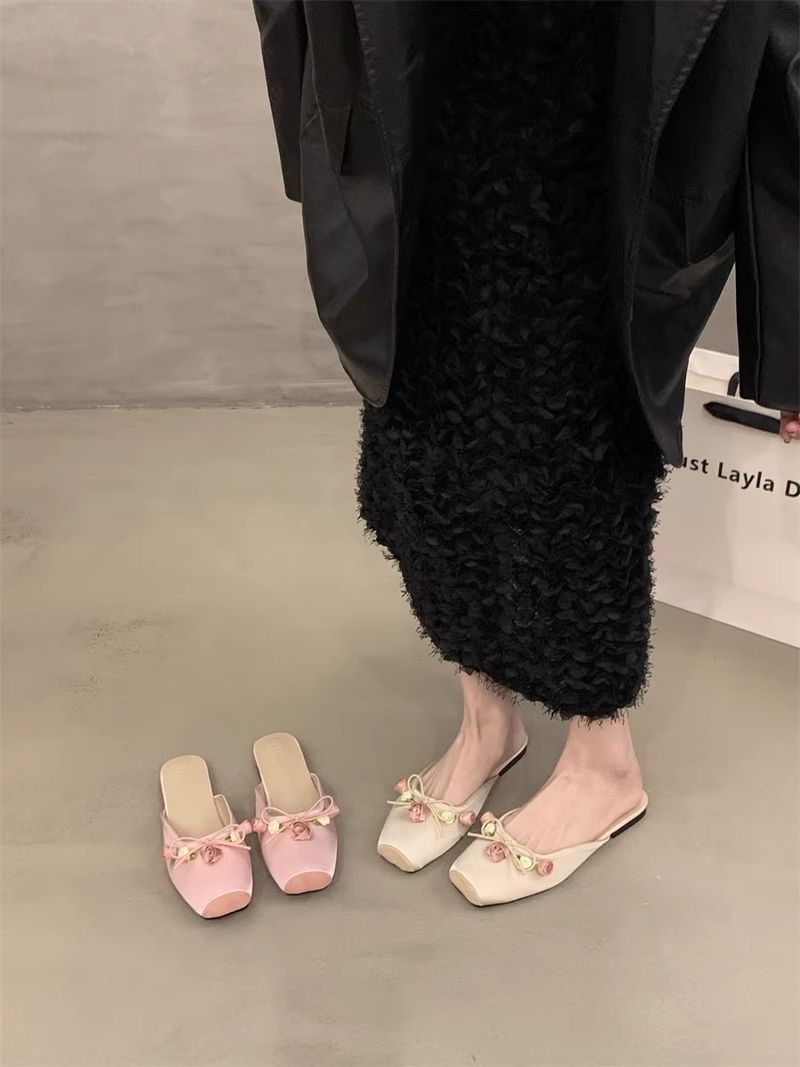 Yarım terlik 2024 yeni düz tabanlı terlikler peri tarzı tek ayakkabı açık hava sandaletleri pembe terlik kadın ayakkabıları_voghion.com