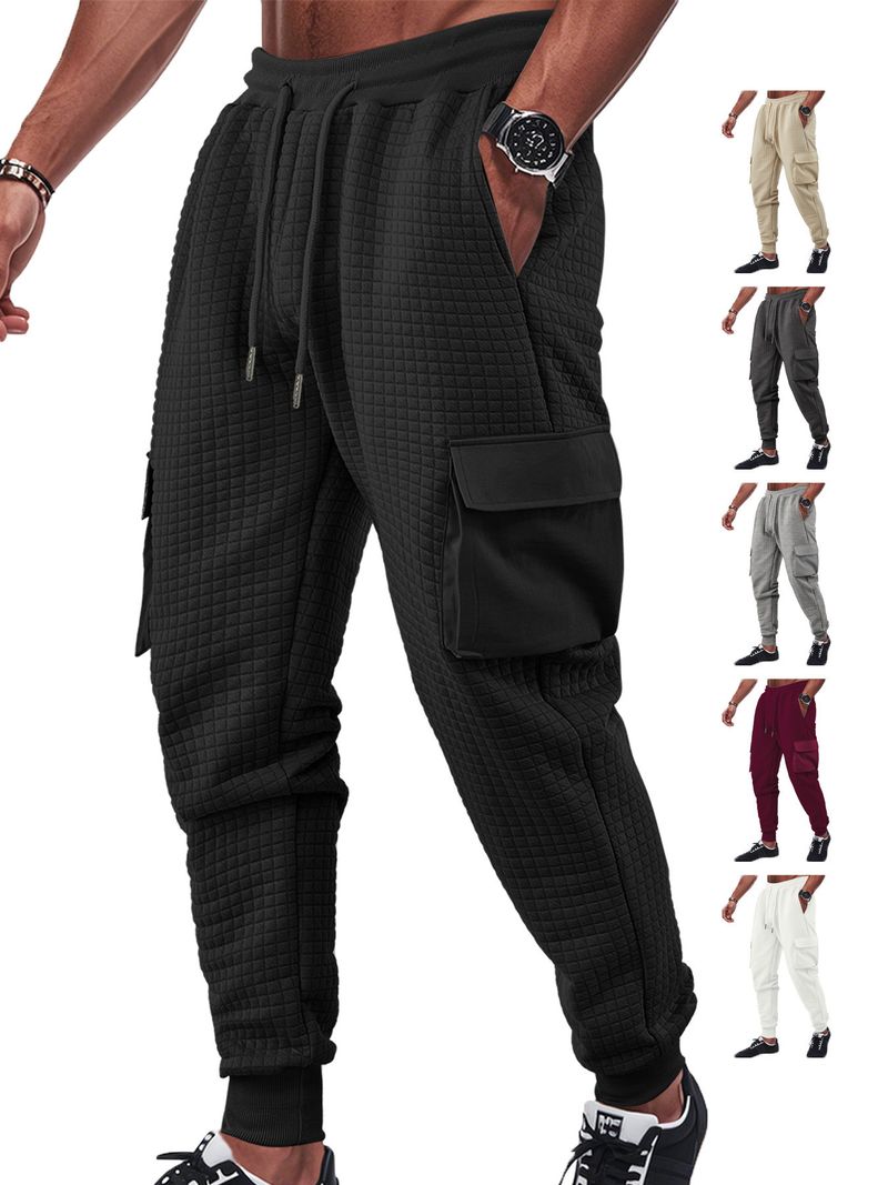 Men's Spring And Autumn New Thickened Multi-Pocket Jacquard Checkered Casual Cargo Pants_voghion.com