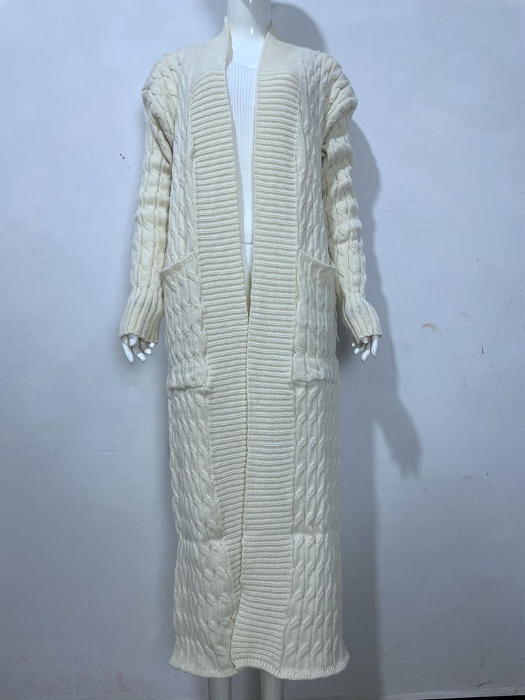 Damen-Strickpulloverjacke mit langen Ärmeln, lockerer langer Strickjacke_voghion.com