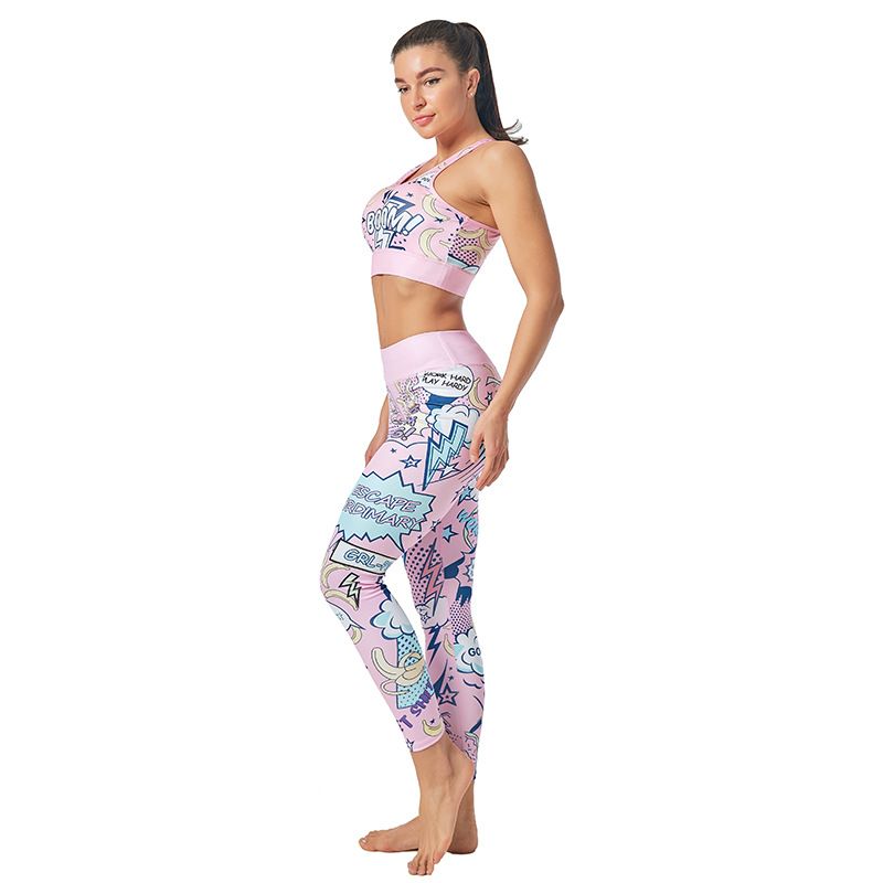 Clothing Set Cartoon Alphabet Pattern Women Sports Bra Printed Yoga Pants Leggings_voghion.com