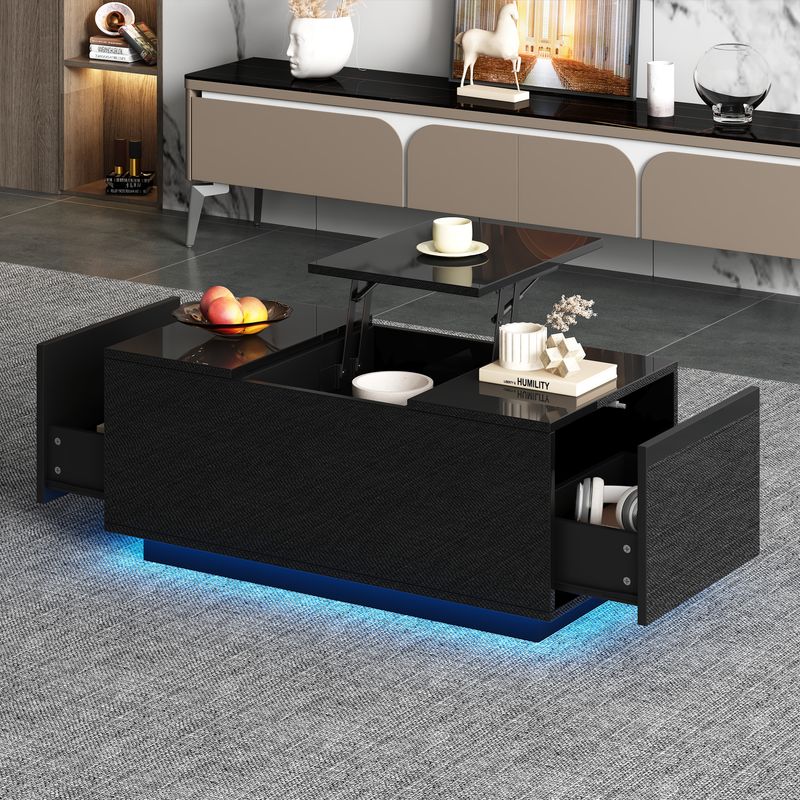 Table basse relevable avec LED, hauteur réglable et extensible, 95 x 48 x 40 cm, table de salon multifonctionnelle avec 2 tiroirs, noire_voghion.com
