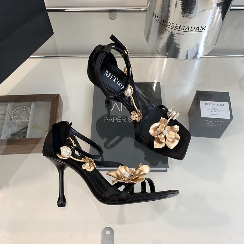 Sexy High Heels 2025 Spring Summer New Golden Orchid One-strap Square Open-toe Sandals Fashionable And Exquisite Leisure Versatile Wear Comfortable_voghion.com