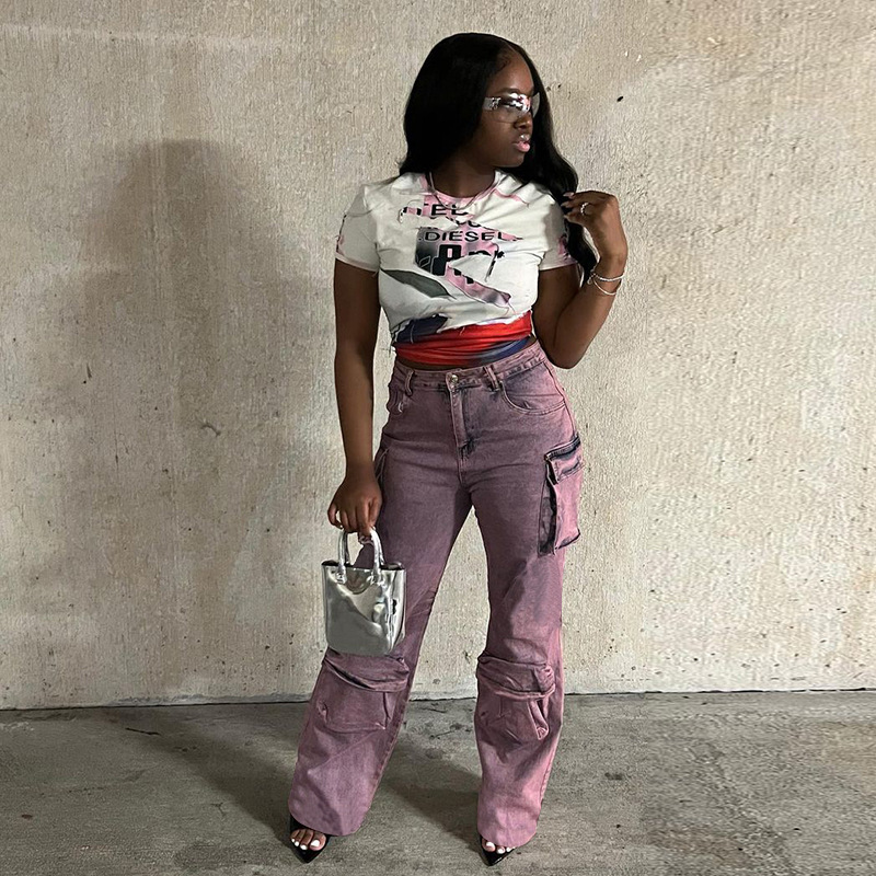 K23PT003 Pantaloni casual in denim da tasca a vita alta con bottoni casual a tinta unita estivi da donna_voghion.com