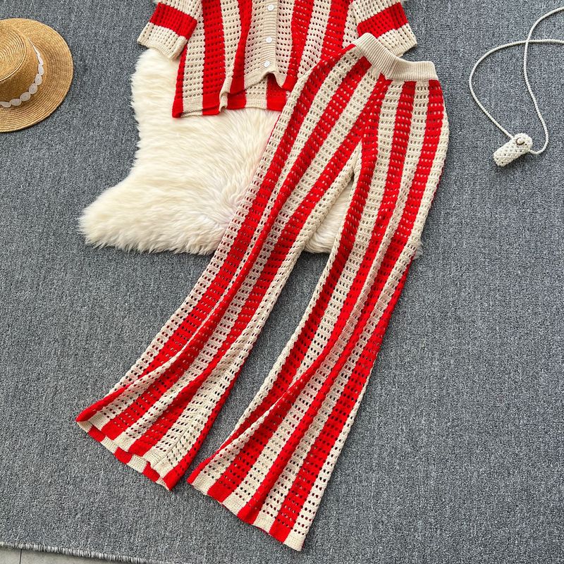 Abbigliamento da donna, completo estivo da donna con scollo a V, cardigan lavorato a maglia largo + pantaloni a gamba larga, completo a righe con cavi abbinati_voghion.com