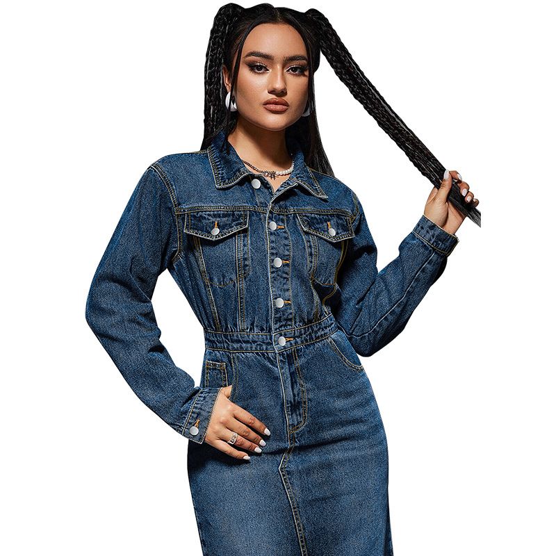 Damenbekleidung Reversknopf Langarm Schlitz Neues langes Denim-Kleid_voghion.com
