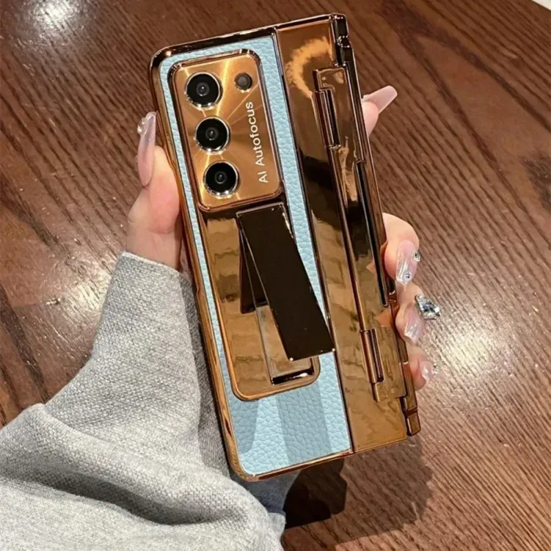 Plating Gloss Leathe Phone Case Fo Samsung Galaxy Z Fold 7 6 5 4 3 Hinge Desktop Kickstand Anti-Dop Potect Back_voghion.com