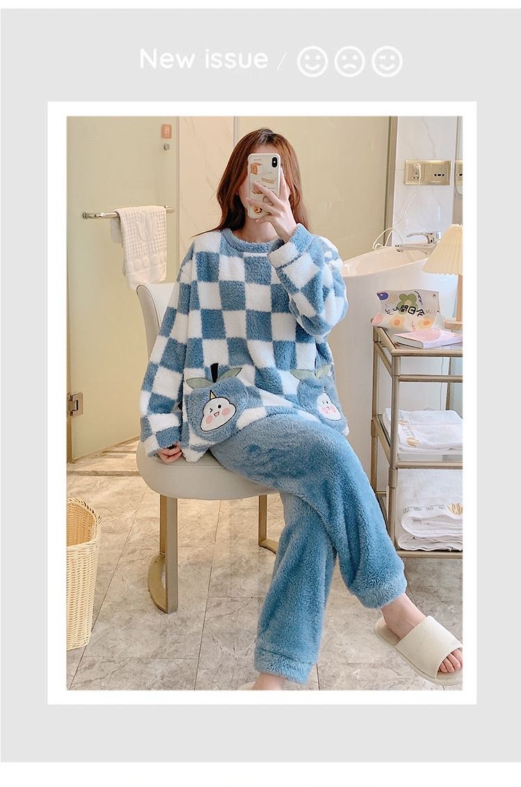 Langhaariger Pyjama für Damen im Winter 2023, süße karierte Langarmhose mit Übergröße 260 Pfund, molliges MM_voghion.com