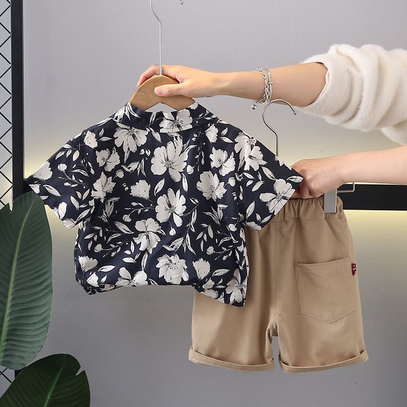 2024 sommer Neue Jungen Blume Hemd Flip Kragen Kurzarm Baby Casual Shorts Zwei Stück Set_voghion.com