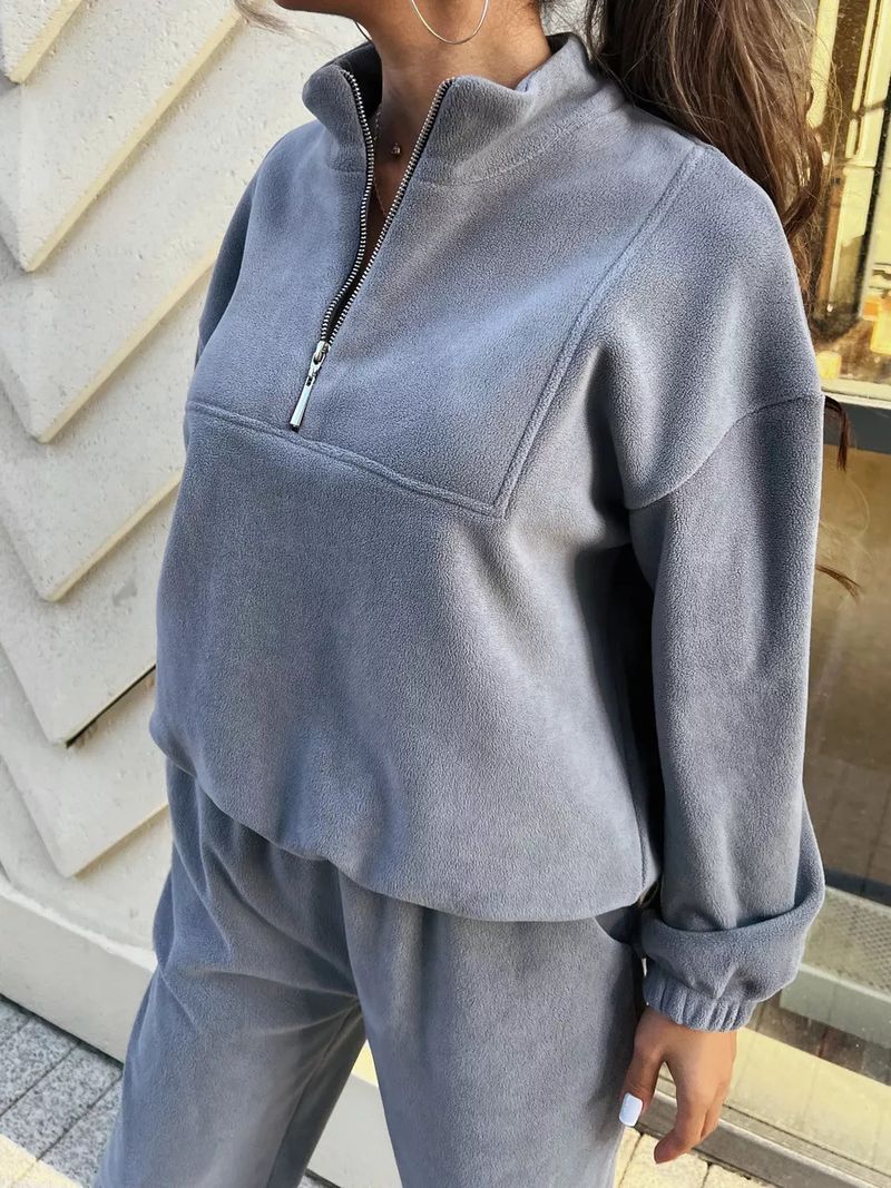 Lässiges Set aus Fleece-Kapuzenpullover und Jogginghose für Damen – locker sitzendes Sweatshirt mit Stehkragen und Hose mit elastischem Bund (Beige, Dunkelgrau, Khaki)_voghion.com