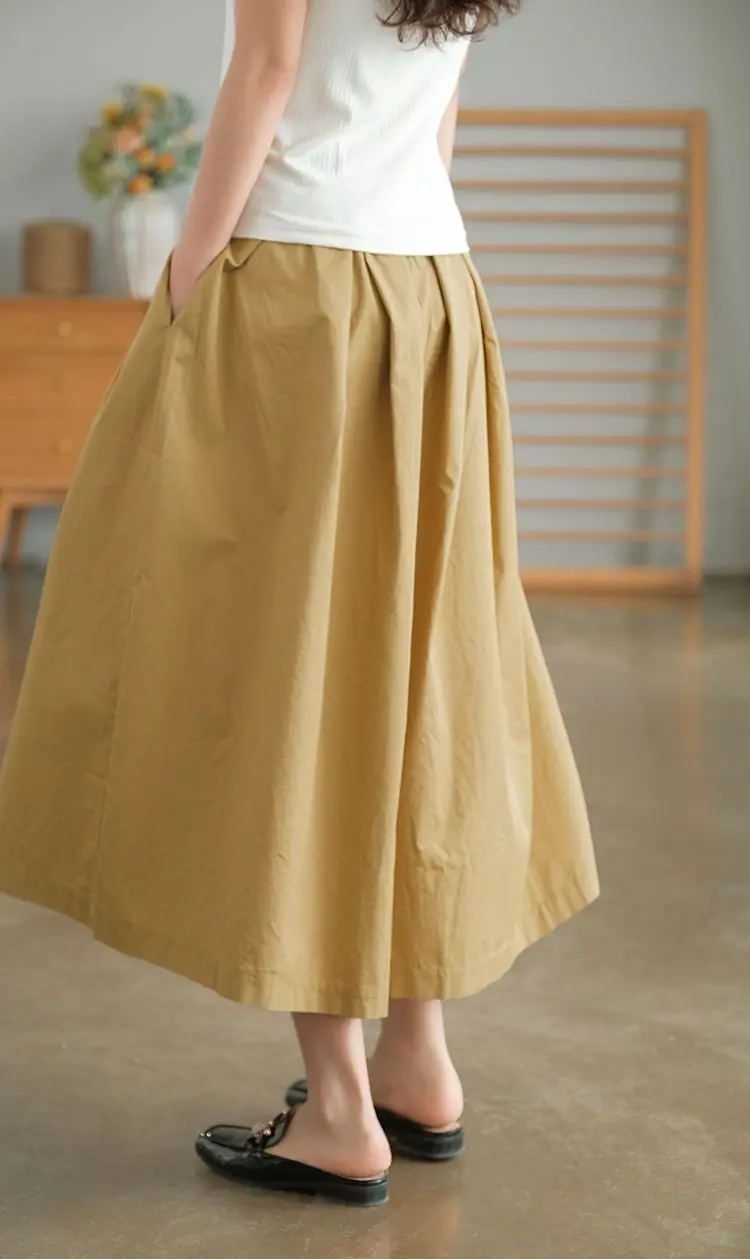 hot selling Khaki Women's 100% Pure Cotton Casual Loose Elastic Waist Wide Leg Women 2024 Summer New Retro Black Skirt Pants_voghion.com
