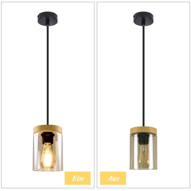 Glitzerlife Pendelleuchte Schwarz 1 Flammig Glas - Hängelampe Vintage Metall Mit Holz Lampenschirm Pendellampe E27 Fassung Hängend Für Esszimmer Küche Wohnzimmer_voghion.com