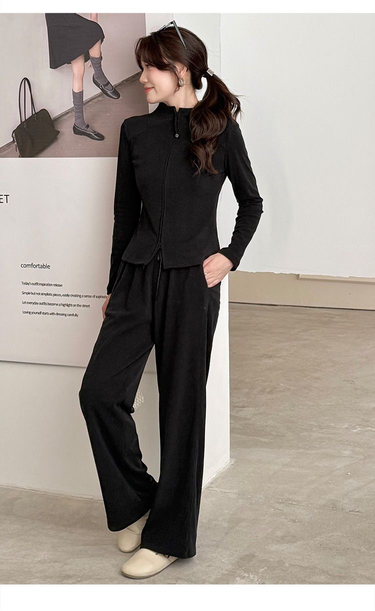 2025 Early Autumn Women's Tea Series High-End Slimming Two-Way Zipper Sweatshirt Wide-Leg Pants Sports Casual Two-Piece_voghion.com