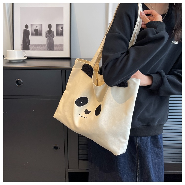 Ny fritid College Student Shoulder Panda Print Stor kapacitet Canvas Dampendlar tygväska_voghion.com