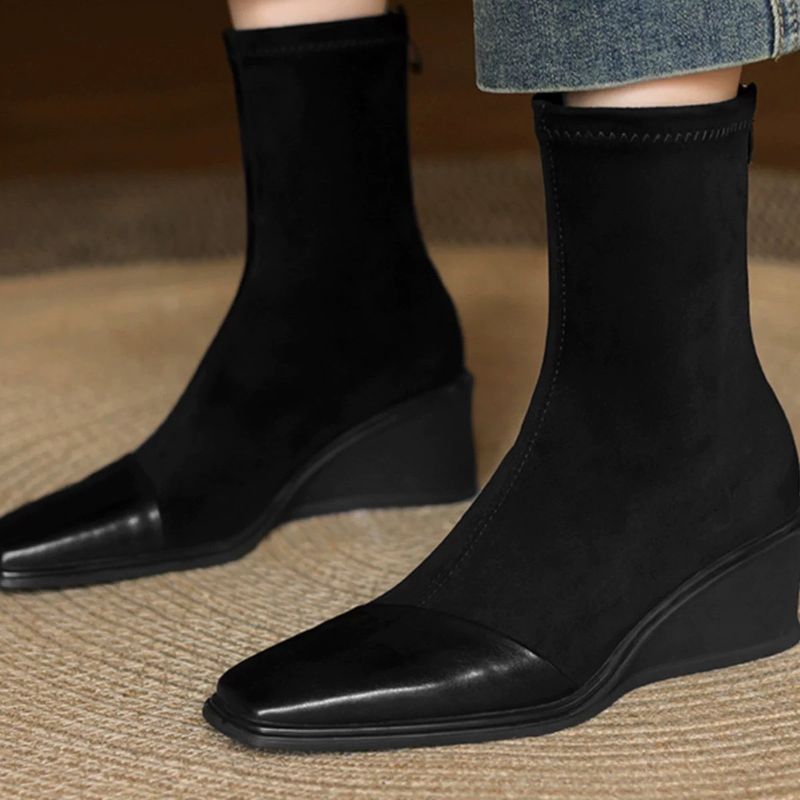 Versione in pelle di pecora ~ Stivali Martin da donna corti, elastici, sottili, con zeppa, suola spessa, punta quadrata, cerniera posteriore_voghion.com