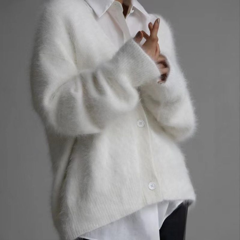 Damenbekleidung Luxuriöser Oversize-Cardigan mit V-Ausschnitt Grobstrickpullovermantel für Damen – Langärmliger Duster aus weicher Nerzmischung mit offener Vorderseite_voghion.com