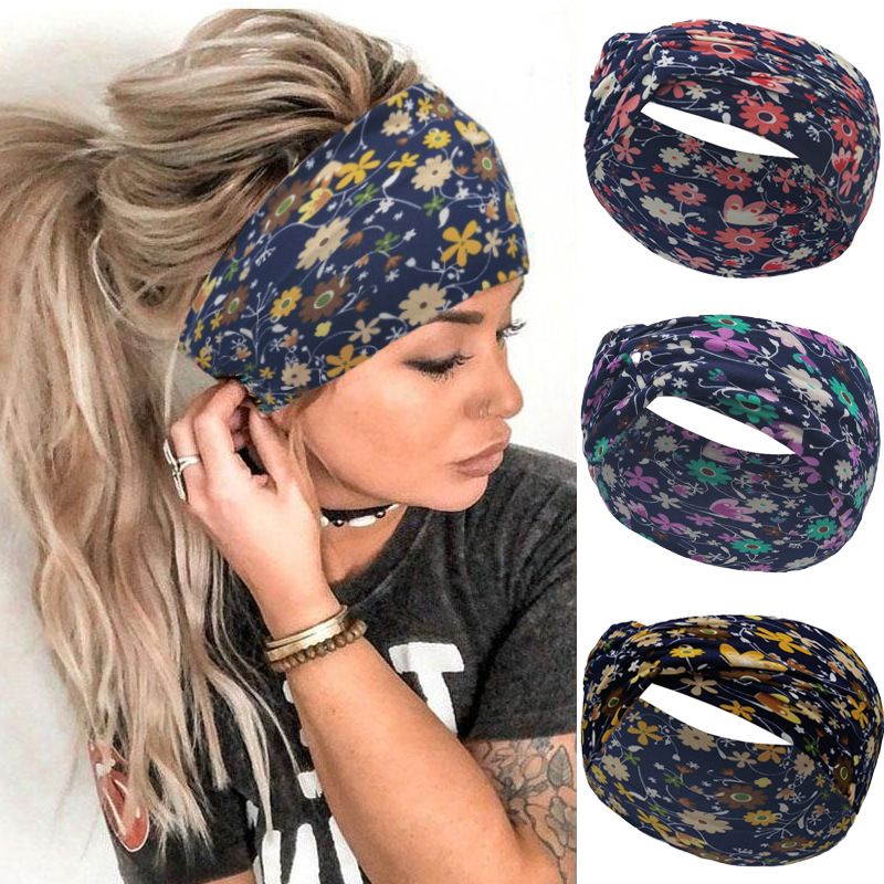 Spring Flower Pattern Wide Edge Elastic Cross Women's Yoga Sports Hoop Headband_voghion.com