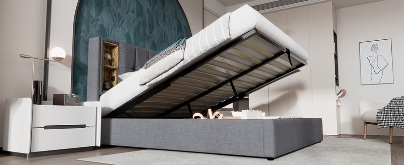 Double avec câble de chargement et USB-C, tissu 140 x 200 cm, support avec support, bois de roseau, gris, tapis inclus_voghion.com