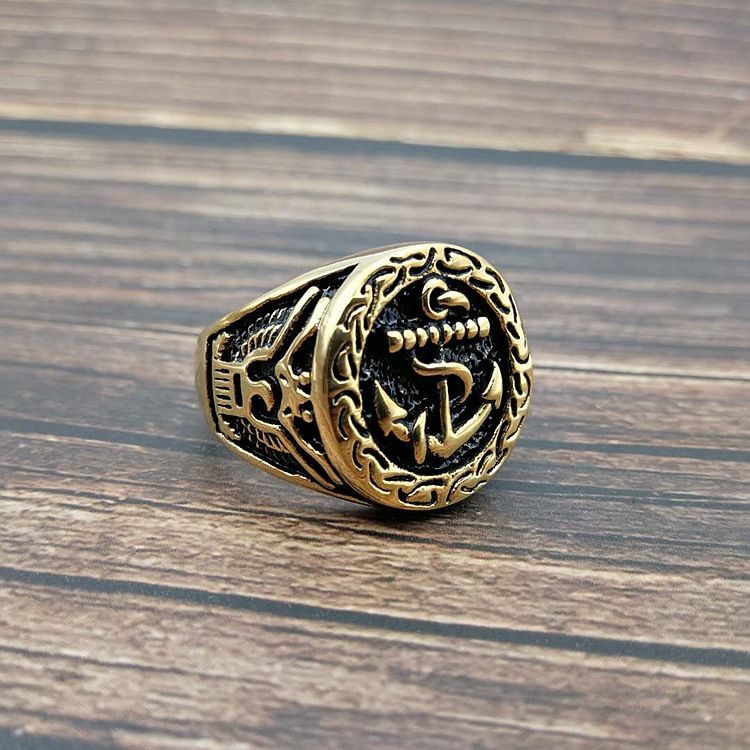 Ring Titanium staal/roestvrij staal kleurbehoud verguld US Navy anker adelaar herenring_voghion.com