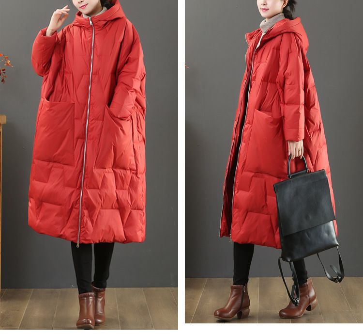 Dammekleeder Grouss Gréissten locker literaresch Laangärm Kapuzenjacket Wanter Neie Stil Iwwer de Knéi Wäiss Entendaun Dënn Daunjacket Trend_voghion.com