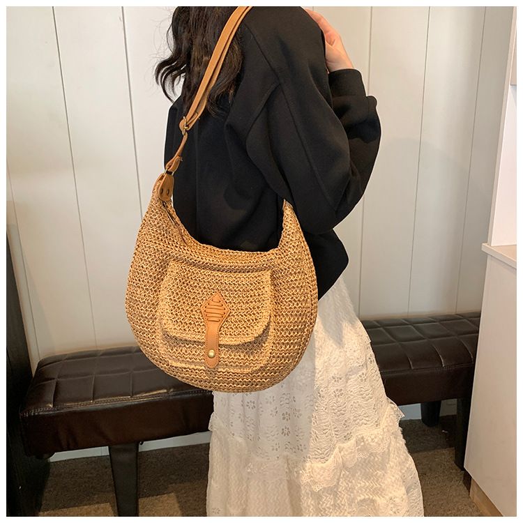 Straw Bag Woven Bag Casual Holiday Wind Straw Bag Women's Single Shoulder Underarm Saddle Bag Large Capacity Beach Bag_voghion.com