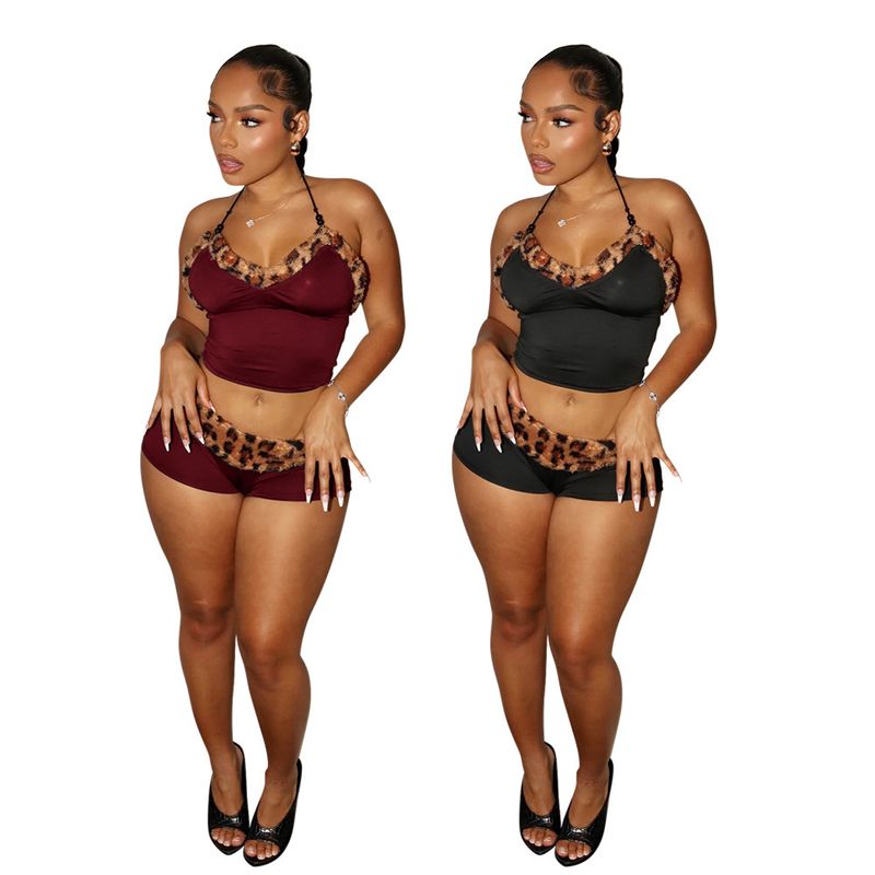 Leopard Print Two-Piece Set Women's Sexy Tie-Front Crop Top & Mini Skirt_voghion.com