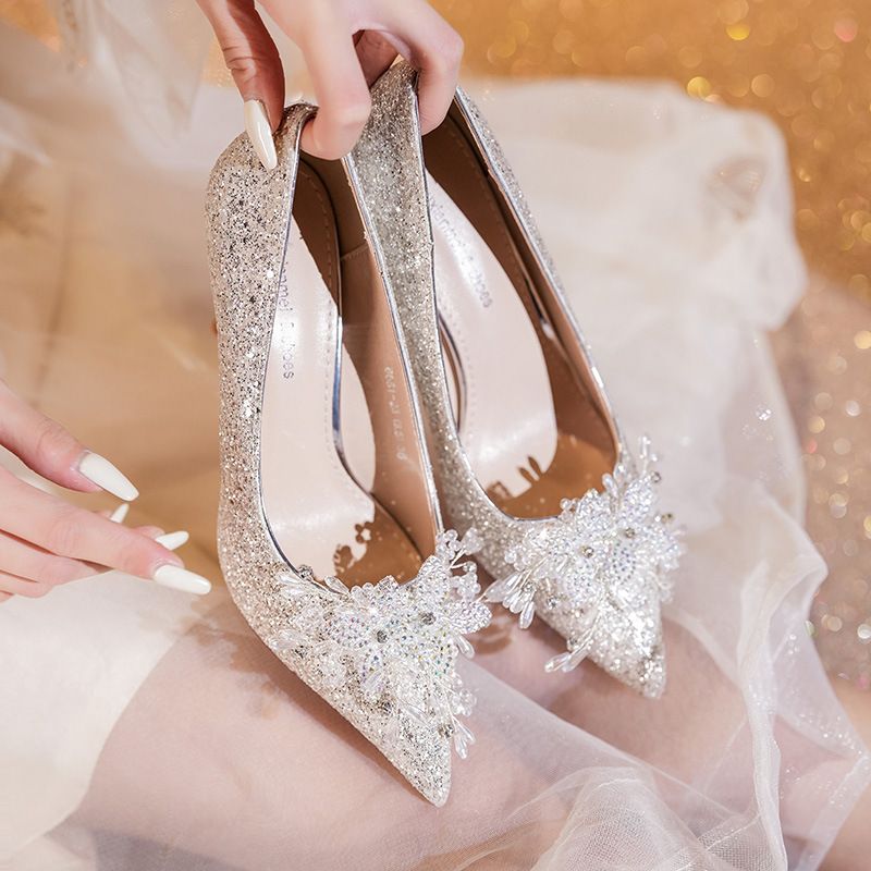 Wedding High Shallow Mouth, Fine Heels, Sequins, Glitter Rhinestones, Bowknot, Single Shoes, Women's Shoes_voghion.com