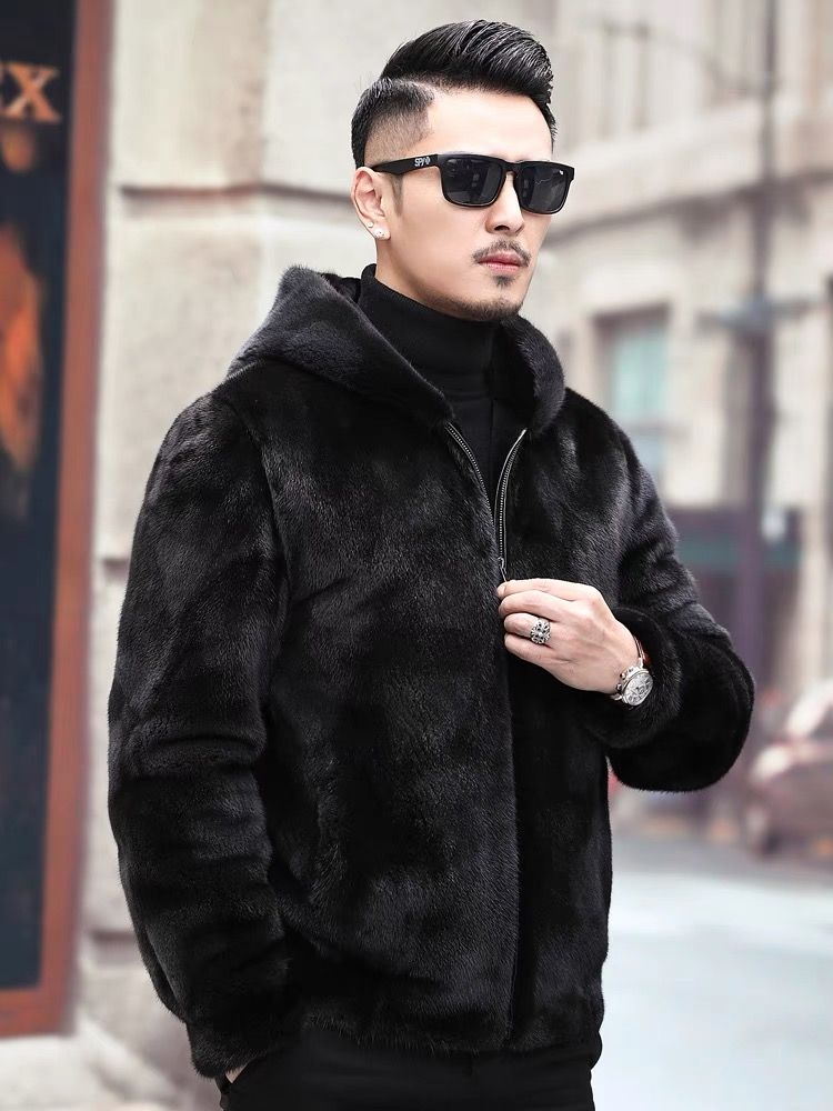 Cappotto in pelliccia di visone di alta qualità da uomo - Giacca in montone con cappuccio spesso per inverni estremi e attività all'aperto di lusso (opzioni con collo alto/cappuccio/revers)_voghion.com