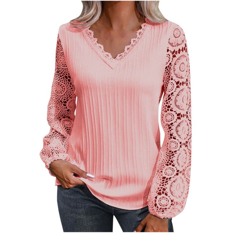 Camicia da donna con scollo a V, casual e ampia, con bordo in pizzo, nuova collezione 2025_voghion.com