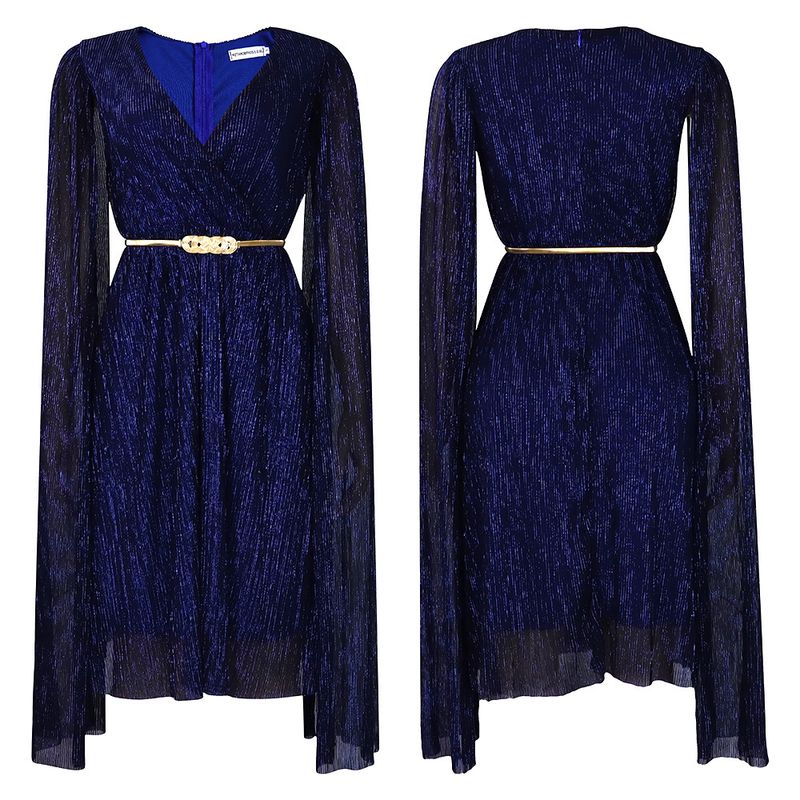 Damenbekleidung Neue V-Ausschnitt Temperament Langarm Cape Taille Kleid Rock_voghion.com
