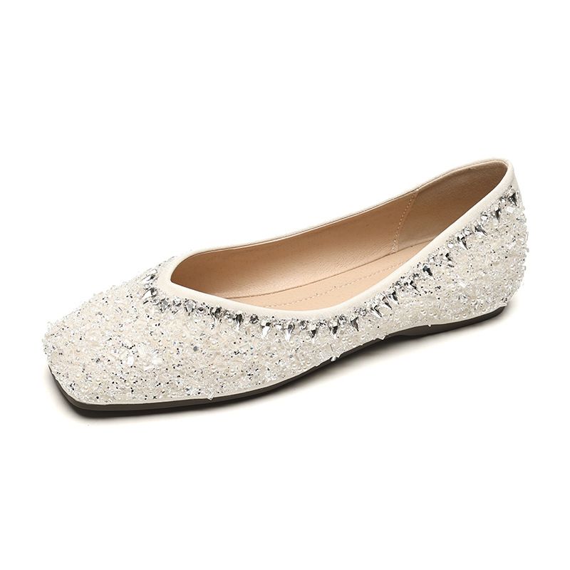 Rhinestone Single Shoes Female Flat Autumn With Skirt One Pedal Fairy Wind Beanie Shoes Large Size_voghion.com