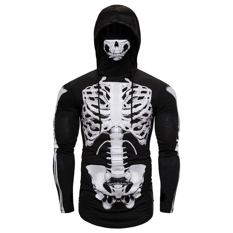 Autunno e inverno nuovo elastico uomo ninja tuta Halloween maglietta a maniche lunghe teschio maschera cappuccio uomo_voghion.com
