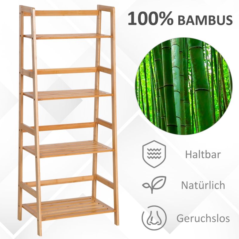 Bücherregal Mit 4 Ebenen Im Leiterdesign, Aus Bambusholz, Naturfarbe_voghion.com