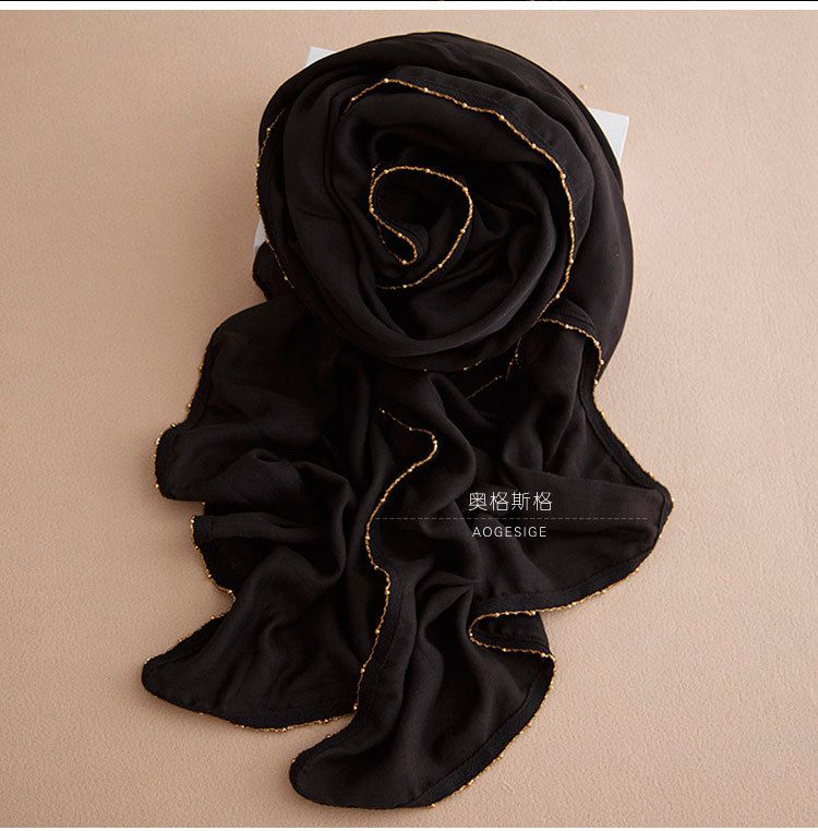 Sciarpa lunga patchwork in cotone e lino nero tinta unita all'ingrosso in stile coreano per donna, nuova moda primaverile_voghion.com