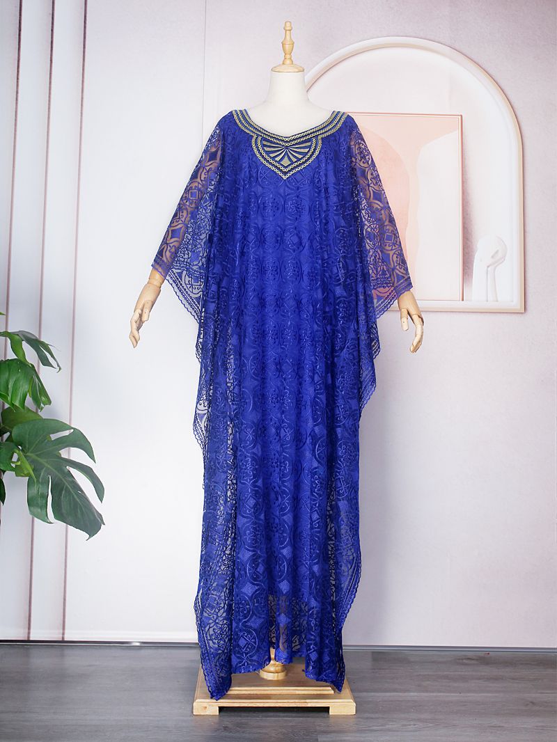 Roupas femininas bordado renda solta manga morcego vestido robe três peças colete com lenço na cabeça_voghion.com