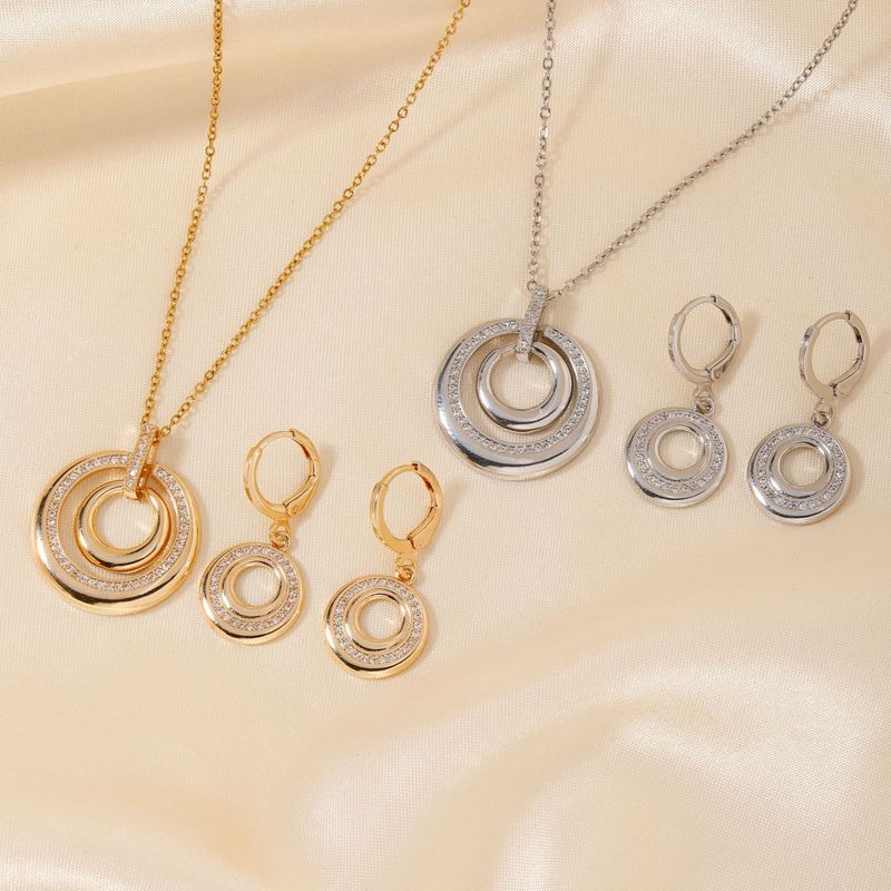 Conjunto de joias femininas, simples, de alta qualidade, retrô, redondo, duplo círculo, micro incrustado, colar, brincos, conjunto de joias_voghion.com