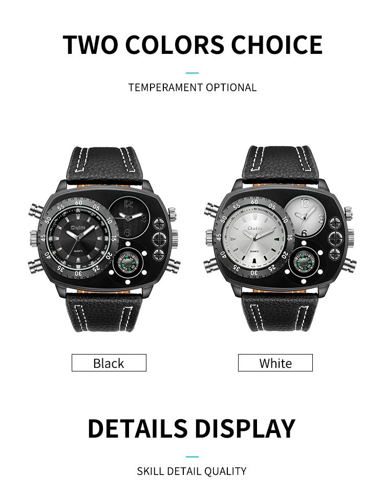 Men's Dual Time Zone Fashion Watch With Compass Design, Large Square Dial, Genuine Leather Strap, Singapore Quartz Movement Luxurious Gift_voghion.com