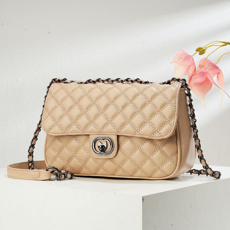 Borsa a tracolla piccola quadrata da donna, elegante, con tracolla a catena, design trapuntato, chiusura con lucchetto, borsa di medie dimensioni per l'uso quotidiano_voghion.com