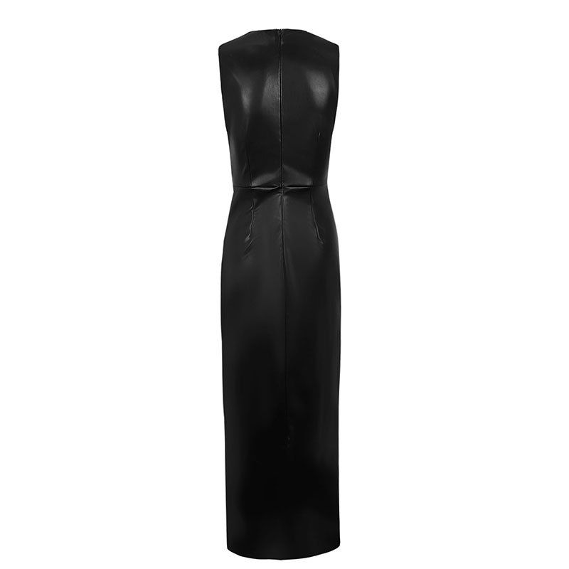 Robe moulante plissée sexy en cuir pour femme, col rond, hanches, non réparée_voghion.com