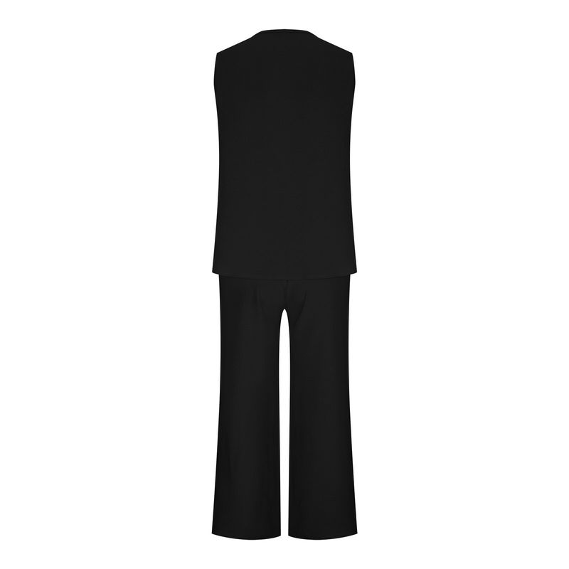 Terno feminino casual com decote em V, cor sólida, estampado, colete, calças largas_voghion.com