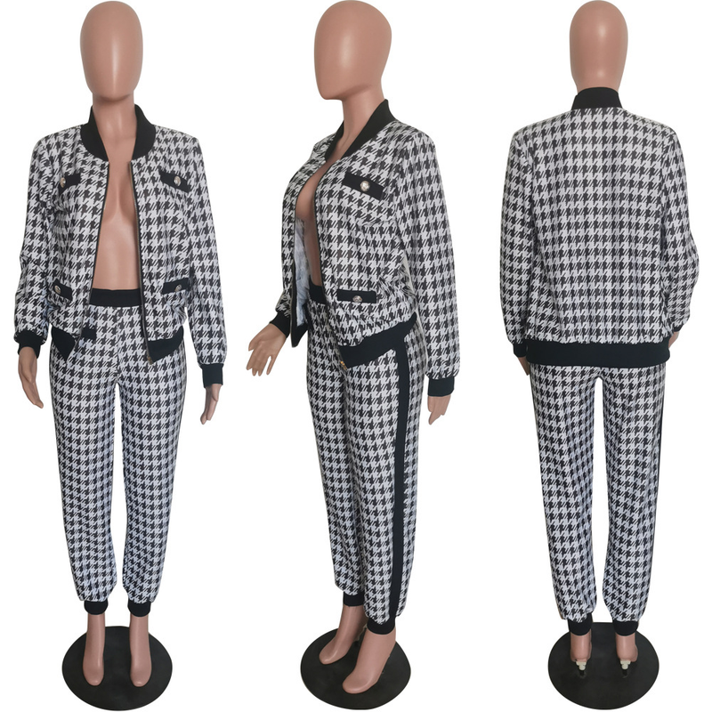 Traje casual de moda para mujer, abrigo con botones y pantalones con estampado de mil pájaros, conjunto de dos piezas_voghion.com