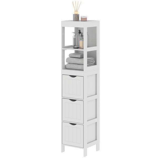 HOMCOM Narrow Bathroom Storage Cabinet, Bathroom Cabinet With 3 Drawers & 2 Open Shelves, Slim Bathroom Floor Cabinet, White_voghion.com