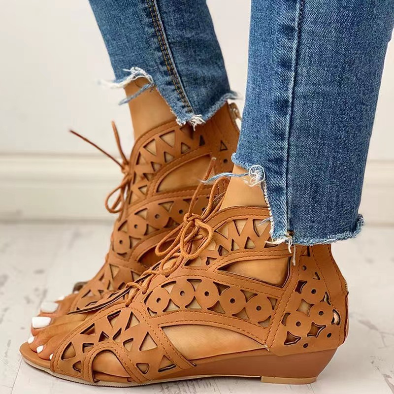 Scarpe di grandi dimensioni 2025, nuove scarpe da donna estive, sandali con fondo piatto e traforato in stile etnico per le donne_voghion.com