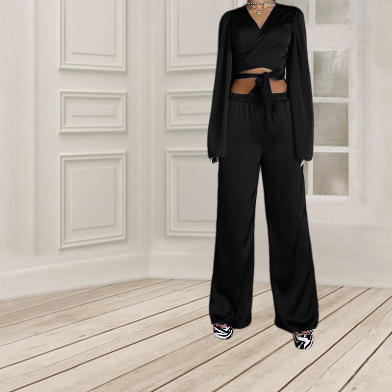 Autumn solid color long-sleeved tops straight trousers casual suit two-piece set_voghion.com